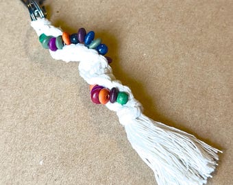 Handmade Macrame Tassel Keychain With Multi-Color Jeweltone Wood Bead Accent