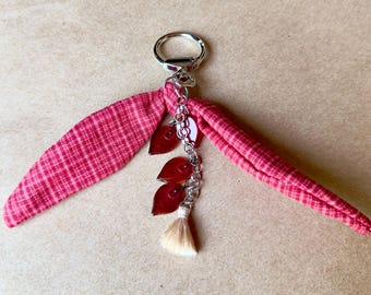 Handmade Red Plaid Bag Scarf Charm, Silver Leaf Beads, Tassel (5.75" Length)