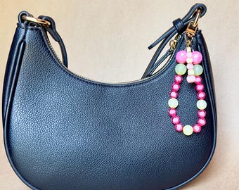 Handmade Pink Yellow Beaded Wristlet Bag Charm, Swivel Clip Purse Accessory