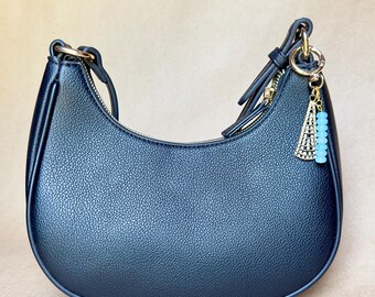 Handmade Blue Beaded Bag Charm, Gold Rhinestone Pendant, Vintage Jewelry Findings