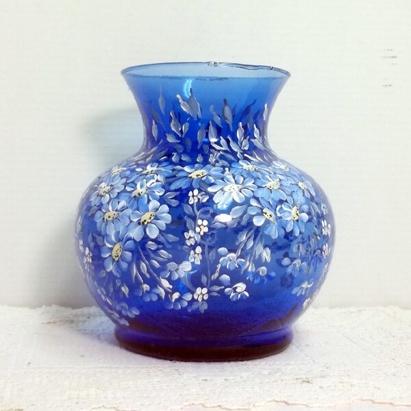 Blauw glas, vaas, geblazen glas, handgeschilderde, volkskunst, blauwe madeliefjes, blauw en wit, Daisy Tuin, tuin kunst, bloem vaas, tabel Decor.