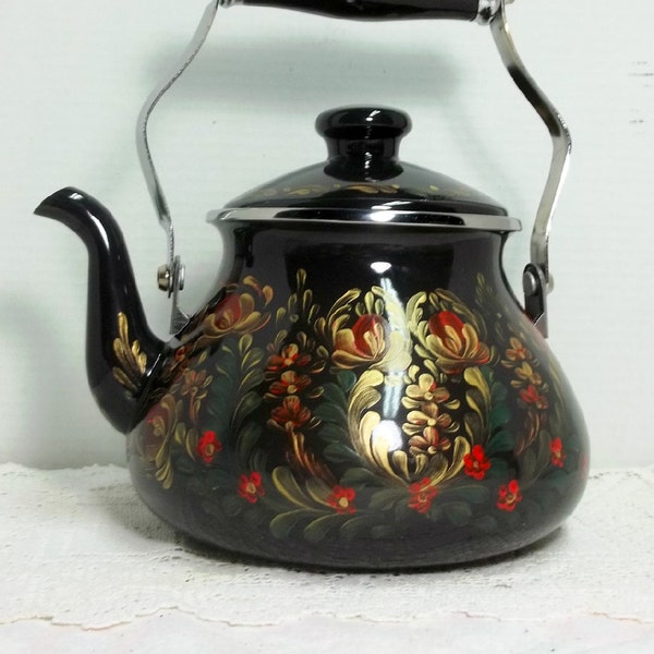 Waterkoker voor thee, zwarte emaille, Hand geschilderde, rode en gouden, Scandinavische Design, Rosemaling, Zweeds Noors, volkskunst, Scandinavische keuken