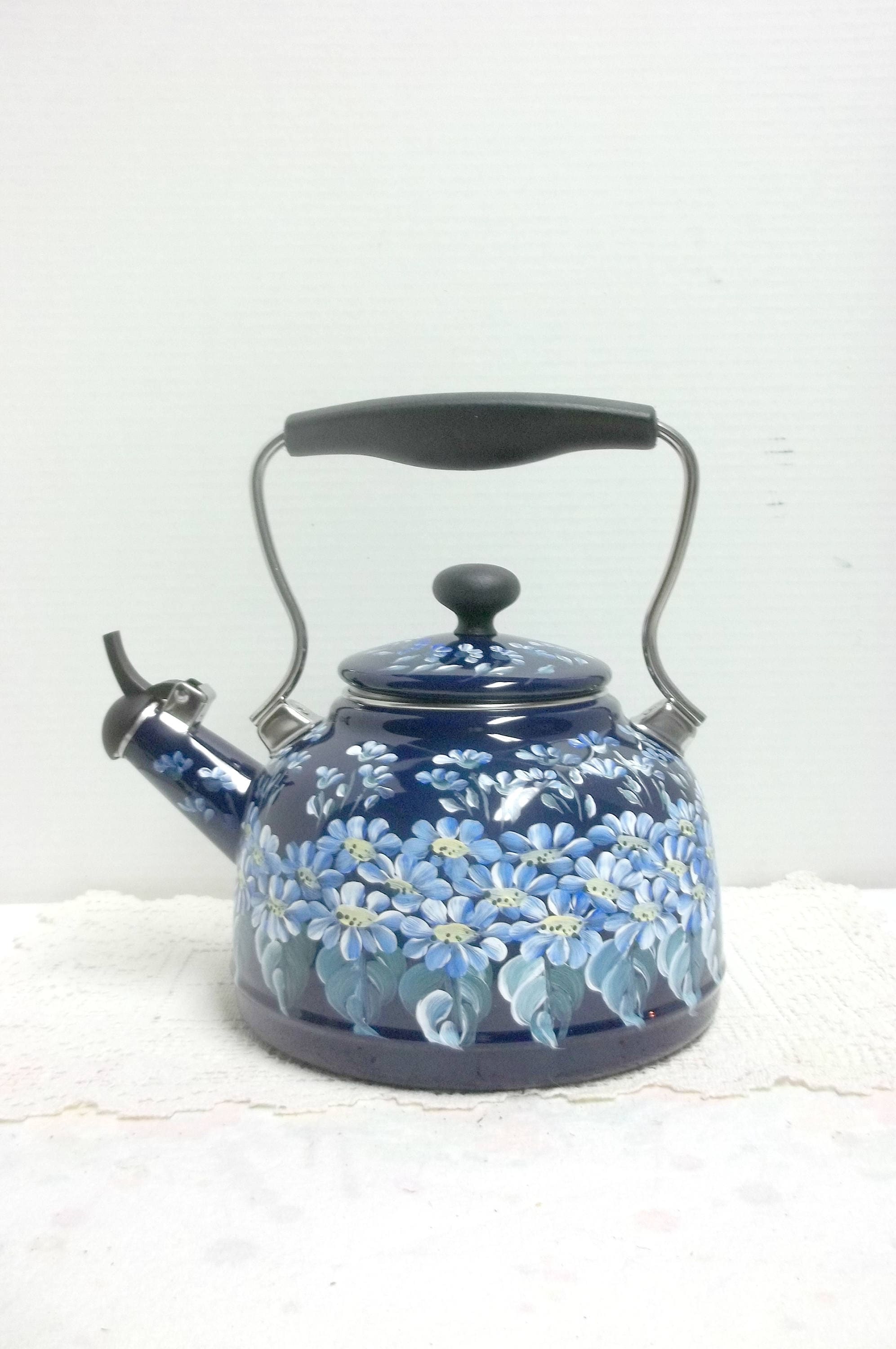 Dark Cobalt Blue Tea Kettle Hand Painted Enamel on Steel Etsy