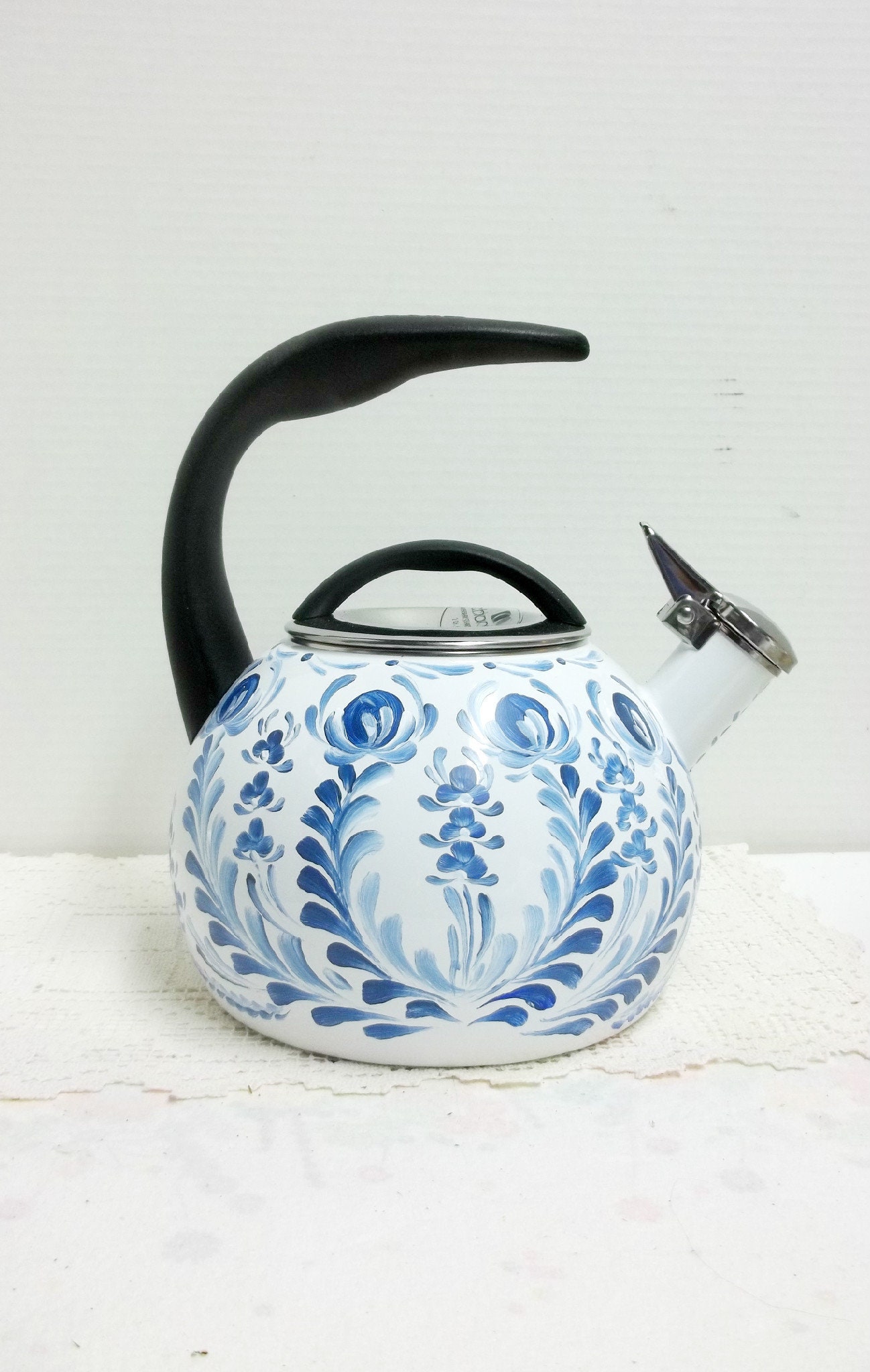 White Tea Kettle Whistling Enamel on Steel Hand Painted Etsy