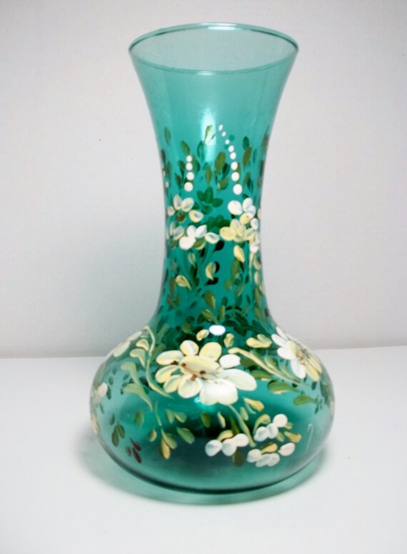 Green Glass Vase Hand Painted Design Folk Art Daisies Etsy