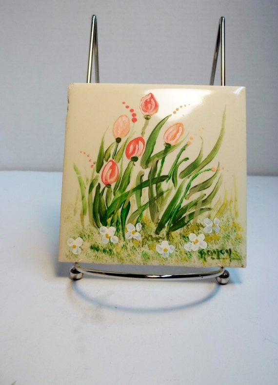 Items similar to Ceramic Tile, White, Hand Painted, Tulip Design