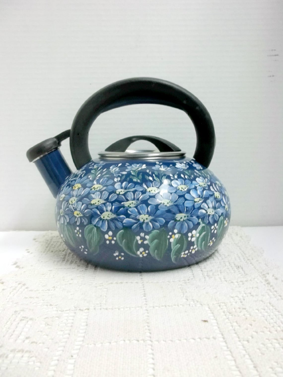 Tea Kettle Navy Blue Enamel Hand Painted Scandinavian Design Etsy