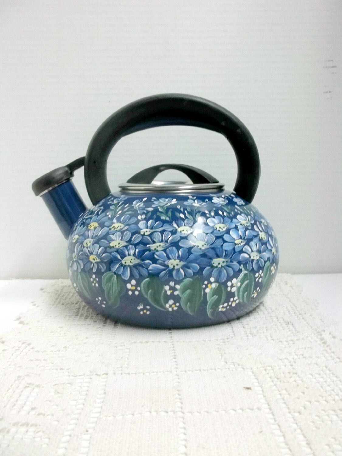 Tea Kettle Navy Blue Enamel Hand Painted Scandinavian Design Etsy