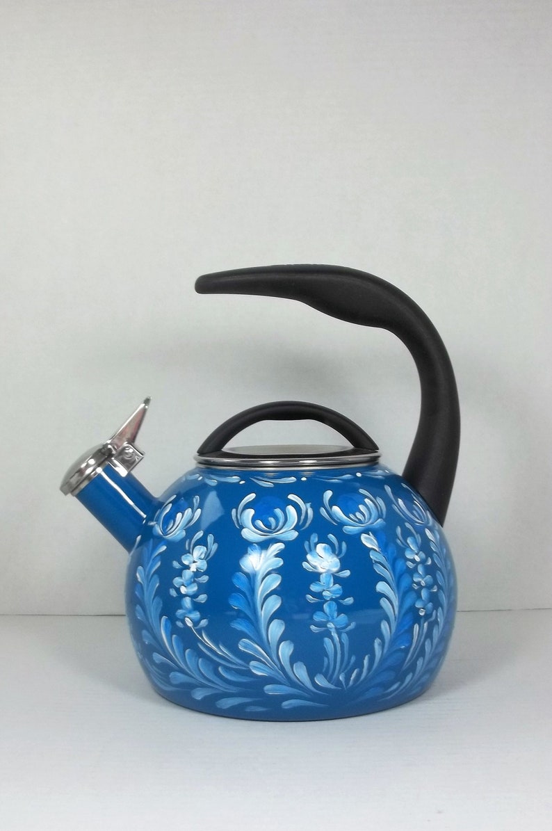Tea Kettle Blue Enamel Hand Painted Rosemaling Whistling Etsy