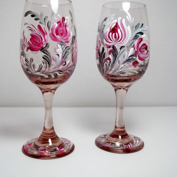Rose Glassware, Pink Glass, Wine Glasses, Toasting Glasses, Hand Painted Design, Rosemaling,Scandinavian, Swedish, Norwegian, Folkart.