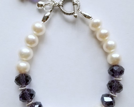 White Pearl Bracelet, Pearl Bracelet, Purple Crystal Bracelet, Purple Bracelet, White Bracelet