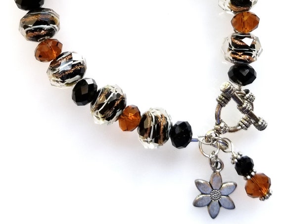 Black, Topaz and Foil Glass Bead Bracelet, Black Bracelet, Topaz Bracelet, Glass Bead Bracelet
