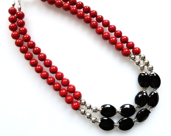 Red and Black Necklace, Red Necklace, Black Necklace, Double-Strand Necklace
