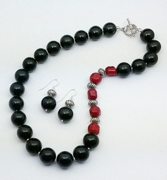 Natural Onyx and Red Coral Necklace & Earrings