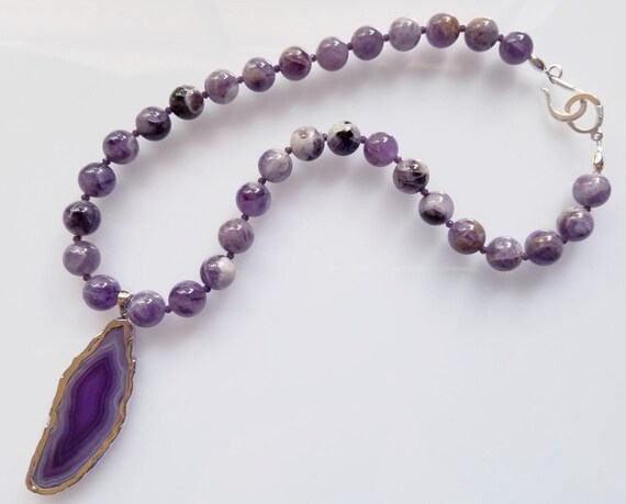 Banded Amethyst Necklace, Amethyst Necklace, Purple Necklace, Chunky Necklace, Pendant Necklace