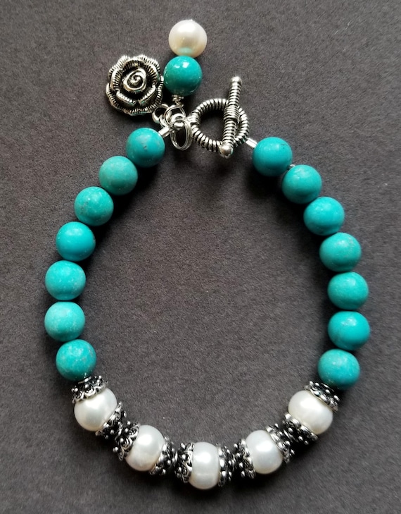 Turquoise and Pearl Bracelet, Turquoise Bracelet, Pearl Bracelet, White Pearl Bracelet