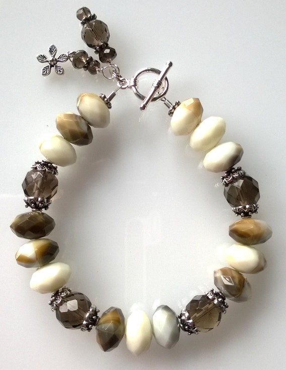 Brown Bracelet, White Bracelet, Acrylic Bracelet, Boho Bracelet, Smoky Quartz Bracelet