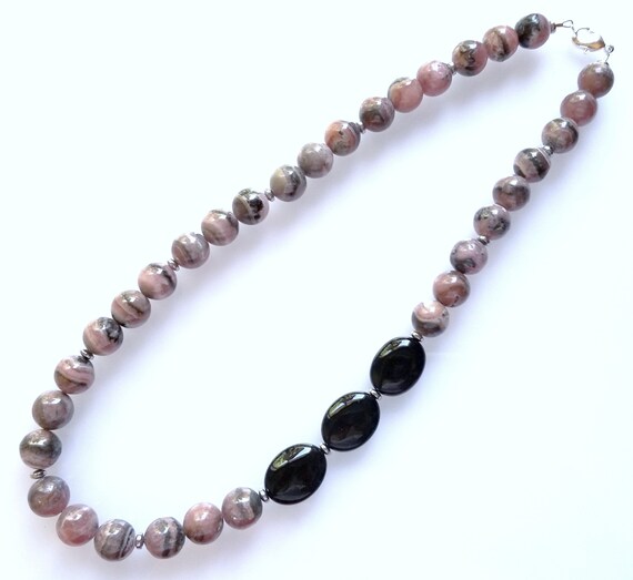 Rhodochrosite Necklace, Onyx Necklace, Black Necklace, Pink Necklace