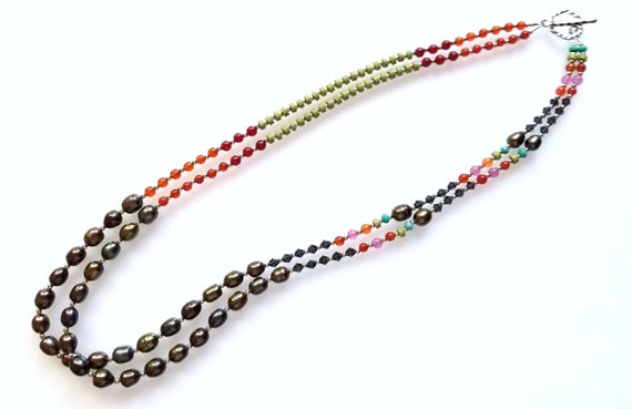 Pearl Necklace, Multi-Color Necklace, Green Necklace, Orange Necklace, Double-Strand Necklace