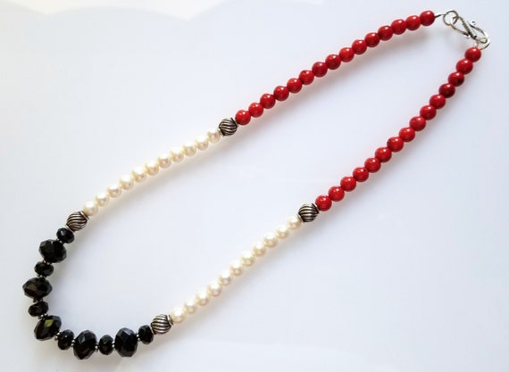 Onyx Necklace, Red Coral Necklace, Pearl Necklace, Red Necklace, Coral Necklace