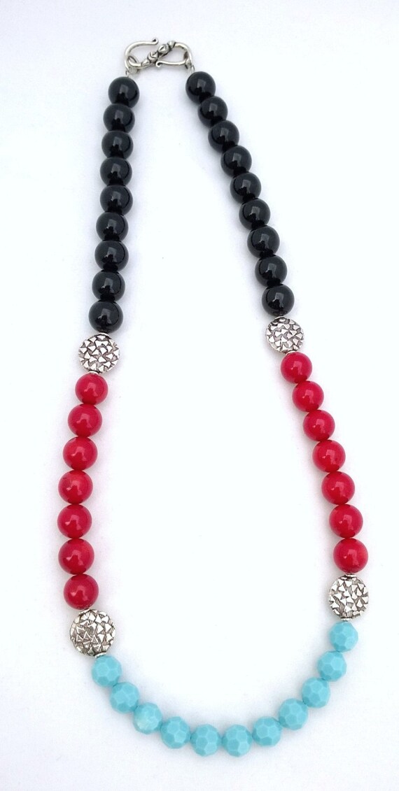 Onyx, Coral and Turquoise Necklace, Onyx Necklace, Coral Necklace, Turquoise Necklace