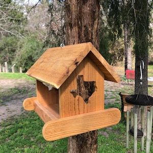 May include: A wooden bird feeder shaped like a house with a Texas cutout on the front. The feeder is attached to a tree trunk.