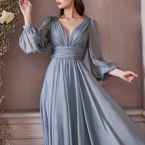 Georgia Long Sleeve Chiffon Bridesmaid Dress | Plunge Neckline A Line | Open Back | Belted Style | Formal Gala Prom Gown