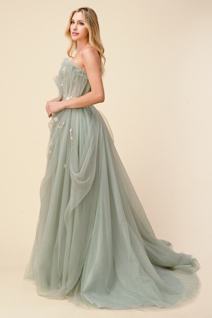 Sage Pleated Drape Tulle Formal ...