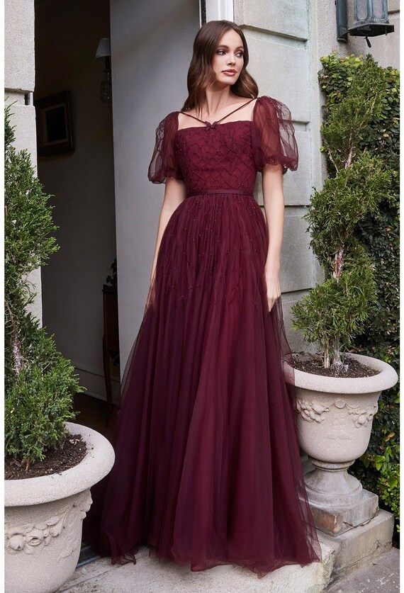 Eletta Maroon Puff Sleeve Ball Gown 