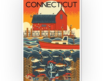 Hometown Art Print Connecticut State Silhouette Made to Order Heart at Home Connecticut Art Original Watercolor Painting