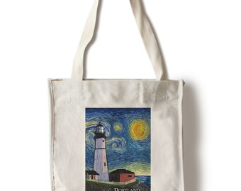 Handmade Backpack Drawstring Lighthouse Print Body with Exterior Pocket