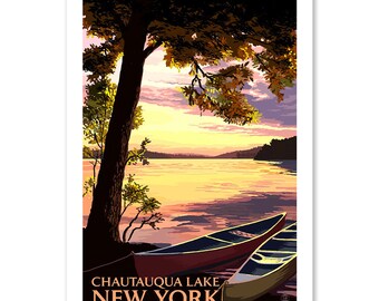 Prints, Signs, Chautauqua Lake, New York, Canoe and Lake at Sunset, Lantern Press Artwork, Unique Metal Art, Posters, Hang Ready