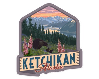 Sticker, Ketchikan, Alaska, Inside Passage, Bear & Spring Flowers, Lantern Press Artwork, Vinyl Die Cut Decal, Waterproof Outdoor Use