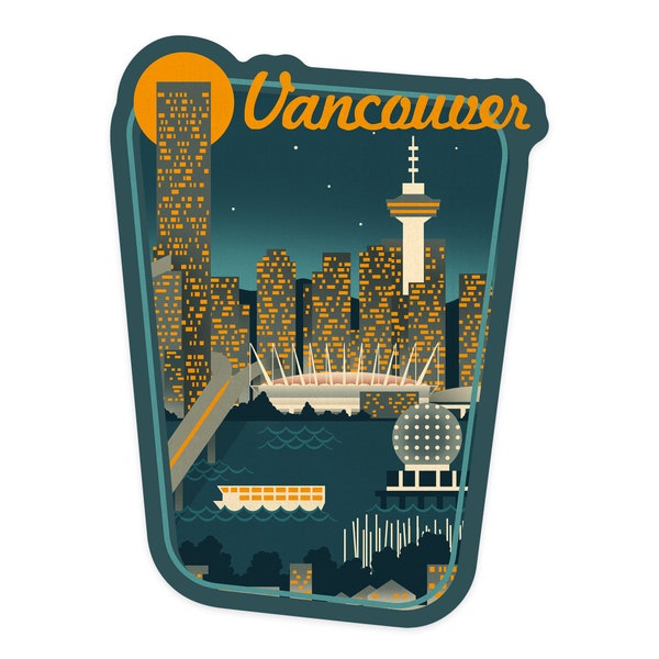 Sticker, Vancouver, British Columbia, Retro Skyline, Contour, Lantern Press Artwork, Vinyl Die Cut Decal, Waterproof Outdoor Use