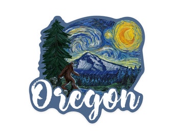 Sticker, Oregon, Bigfoot, Starry Night, Contour, Lantern Press Artwork, Vinyl Die Cut Decal, Waterproof Outdoor Use