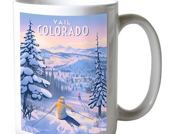 Ceramic Mug, Vail, Colorado, Ski for Miles, Skiing, Dishwasher Microwave Safe, 15oz, Unique Art