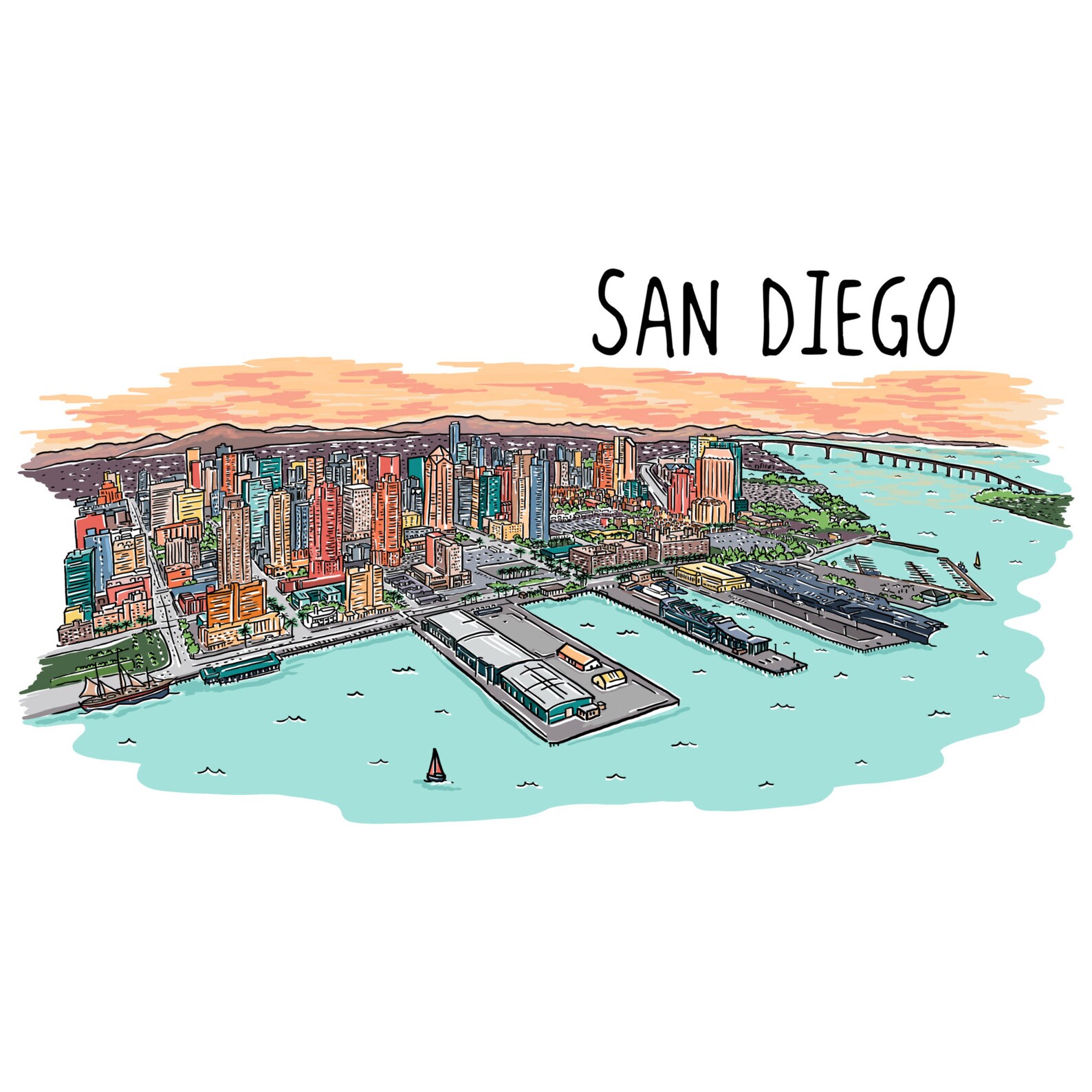 San Diego California Line Drawing 6 Sizes Art Prints Etsy