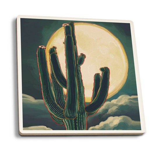 Coaster Set, Cactus & Full Moon, Lantern Press Artwork, Cork Back, Absorbent Ceramic, Unique Matching Art