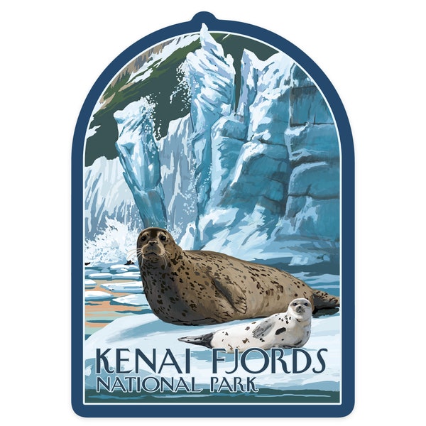 Sticker, Kenai Fjords National Park, Alaska, Seals & Ice Shelf, Contour, Lantern Press Artwork, Vinyl Die Cut Decal, Waterproof Outdoor Use