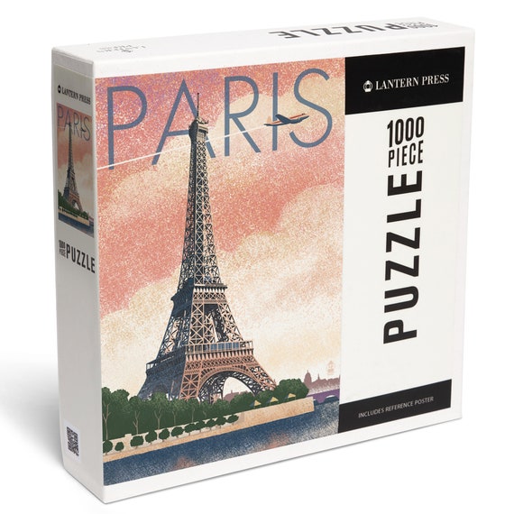 Puzzle, Paris, France, Eiffel Tower and River, Lithograph Style, 1000 Pieces,  Unique Jigsaw, Family, Adults 