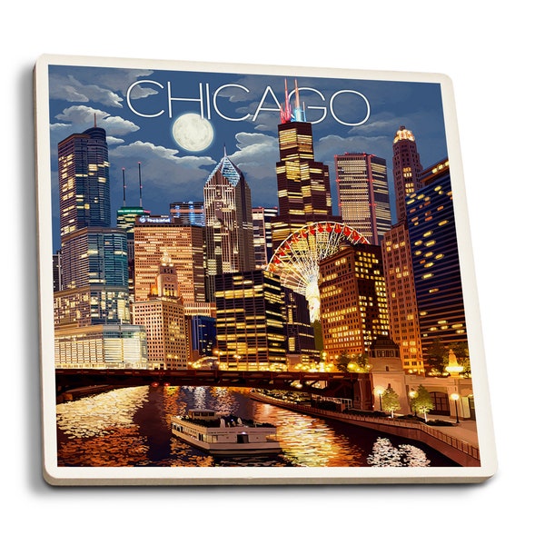 Coaster Set, Chicago, Illinois, Skyline at Night, Lantern Press Artwork, Cork Back, Absorbent Ceramic, Unique Matching Art