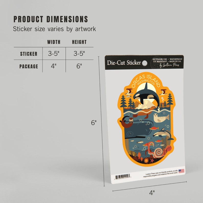May include: A die-cut sticker featuring an illustration of Orcas Island, Washington. The sticker is yellow with a blue and white orca whale, a mountain, and other marine life. The sticker is 3.5 inches wide and 3.5 inches tall.