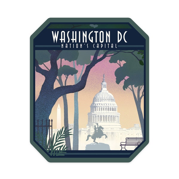 Sticker, Washington, DC, Nation's Capitol, Lithograph, Contour, Lantern Press Artwork, Vinyl Die Cut Decal, Waterproof Outdoor Use