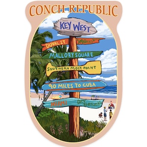 May include: A colorful signpost with wooden arrows pointing in different directions. The signpost is on a beach with palm trees and blue sky. The arrows point to various locations in Key West, Florida, including Duval Street, Mallory Square, Southernmost Point, 90 Miles to Cuba, Miami, and Dry Tortugas.