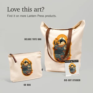 May include: A set of three canvas bags featuring an illustration of Orcas Island, Washington. The bags include a tote bag, a go bag, and a die-cut sticker. The illustration features a colorful design of orcas, whales, and other marine life.