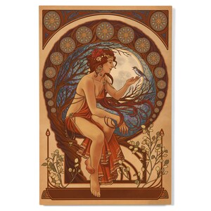 Birch Wood, Woman and Bird, Art Nouveau, Sustainable Sign or Postcards, Ready to Hang Art