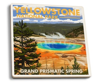 Coaster Set, Yellowstone National Park, Wyoming, Grand Prismatic Spring, Lantern Press, Cork Back, Absorbent Ceramic, Unique Matching Art