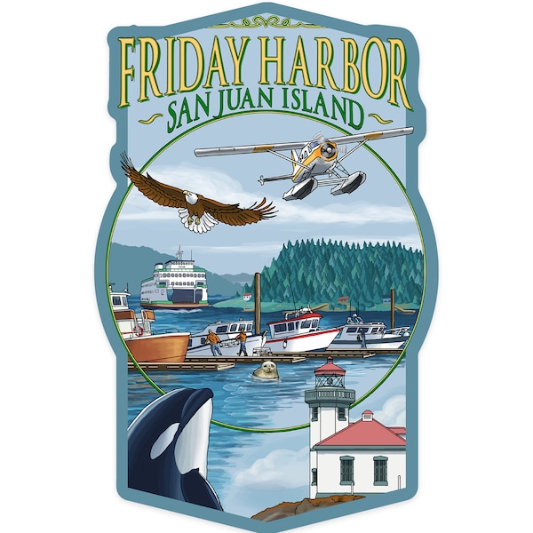 Sticker,  Friday Harbor, San Juan Island, Washington, Views, Contour , Vinyl Die Cut, Waterproof Outdoor Use