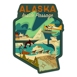 Sticker, Alaska, Inside Passage, Geometric, Contour, Lantern Press Artwork, Vinyl Die Cut Decal, Waterproof Outdoor Use