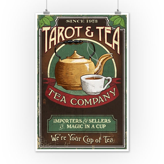 Tarot and Tea - Vintage Sign (6 Sizes Art Prints, Giclee, Posters, Wood & Metal Signs, Tote Bag, Towel)